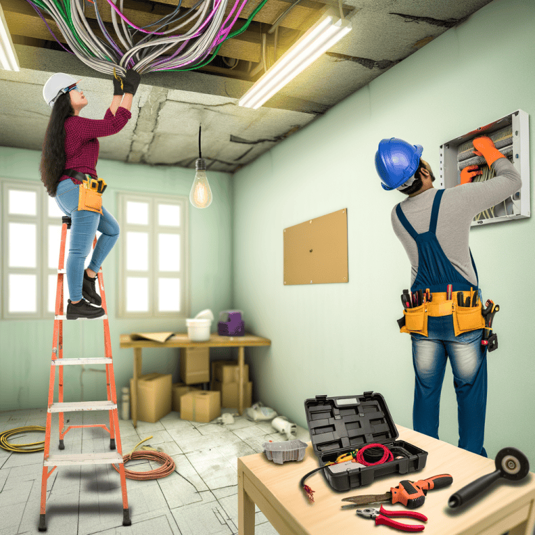 Deux électriciens travaillant dans une pièce.