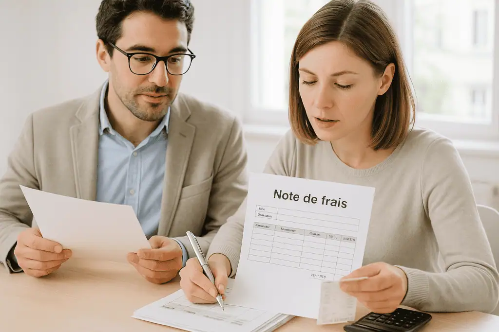 Deux personnes examinant une note de frais.