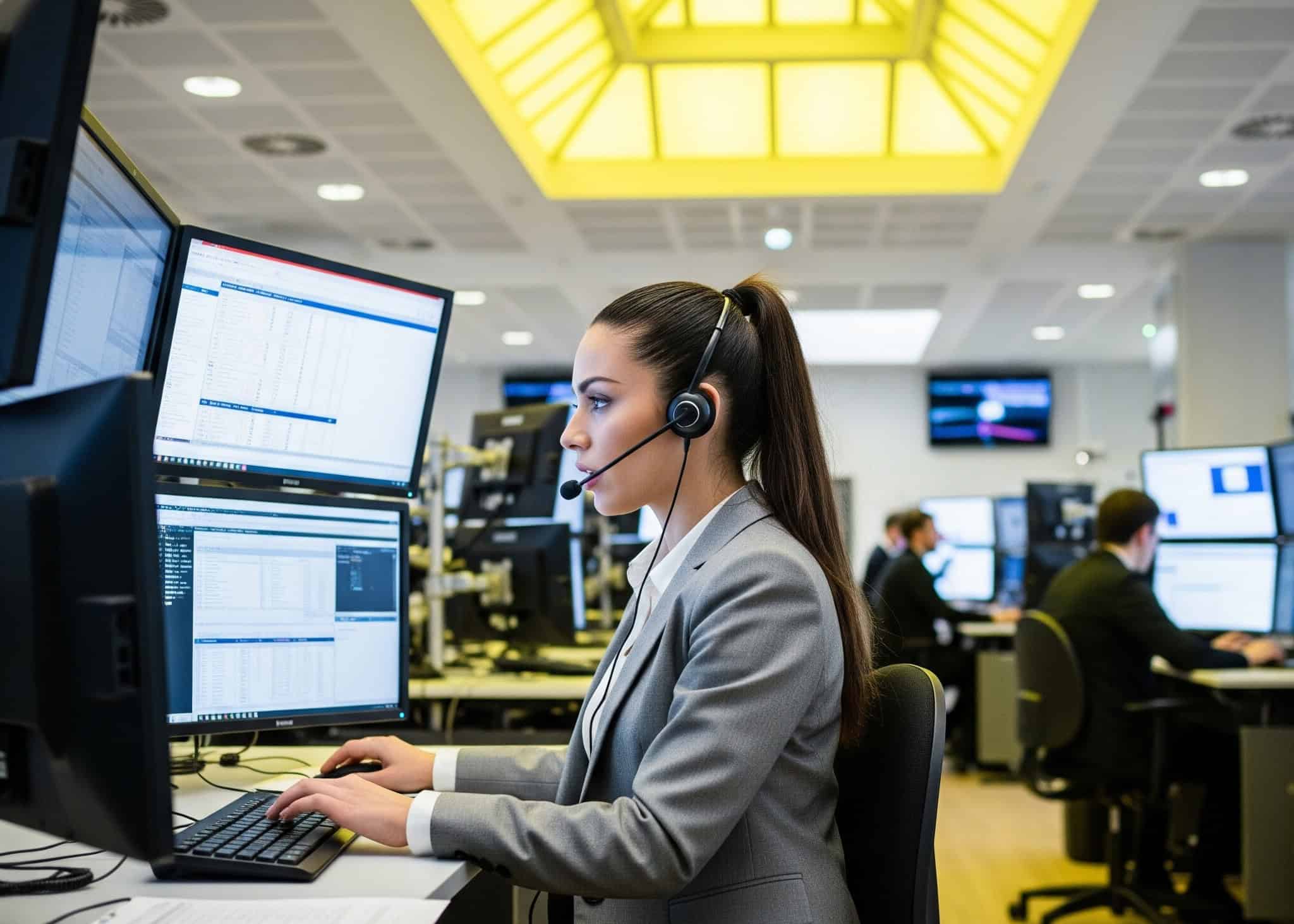 Employée de bureau devant plusieurs écrans d'ordinateur.