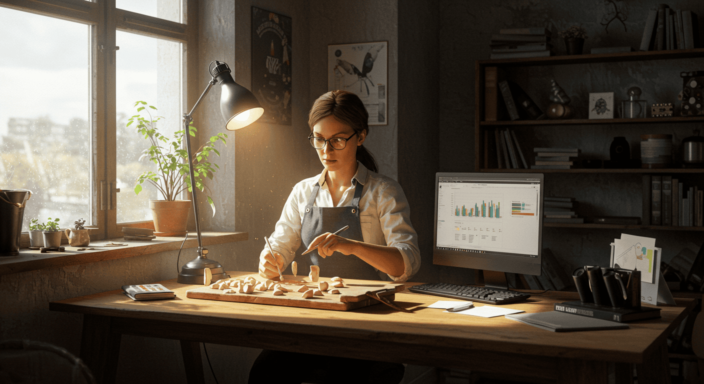 Femme travaillant à un bureau en bois.