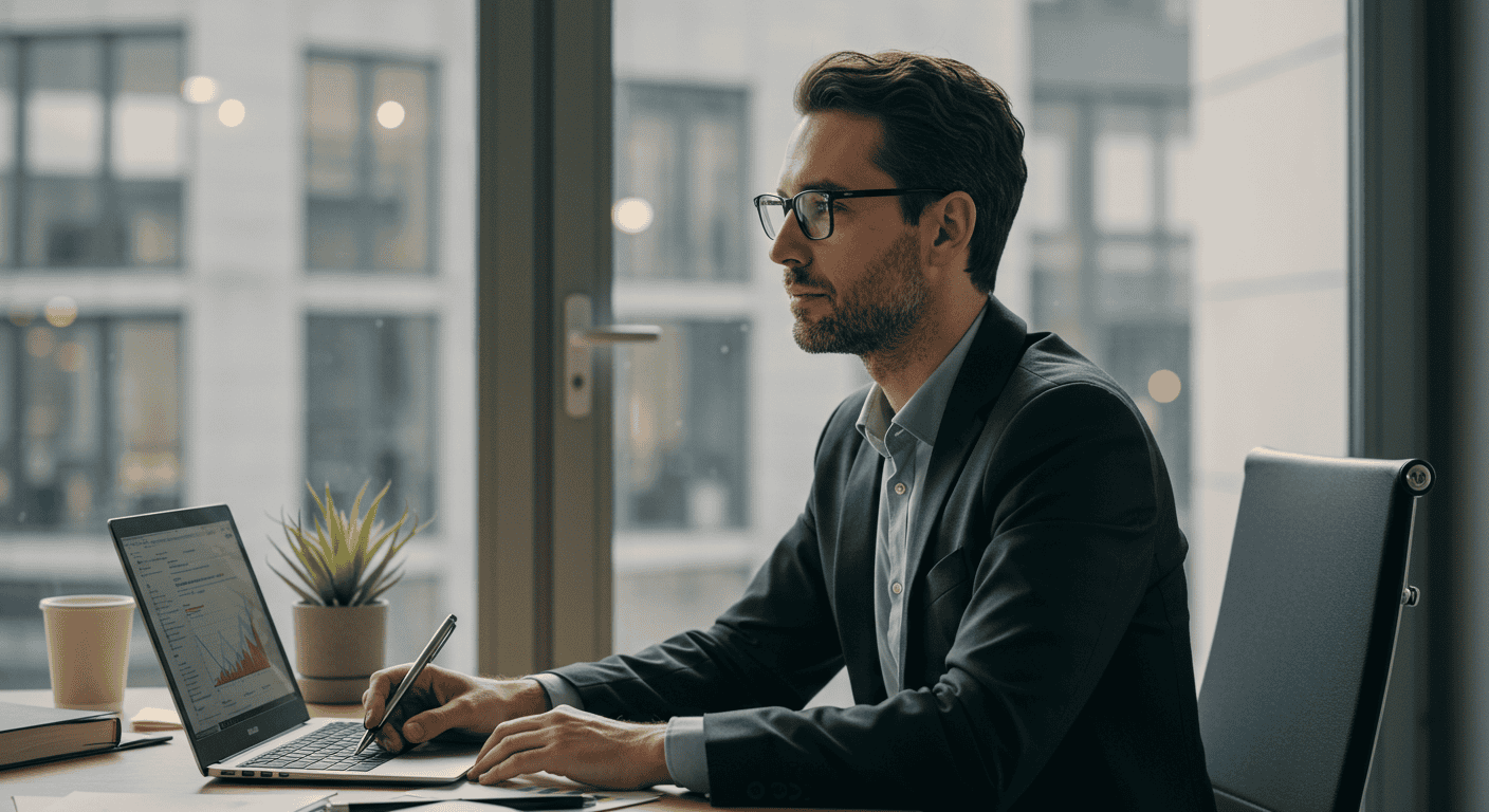 Homme travaillant sur ordinateur portable au bureau.