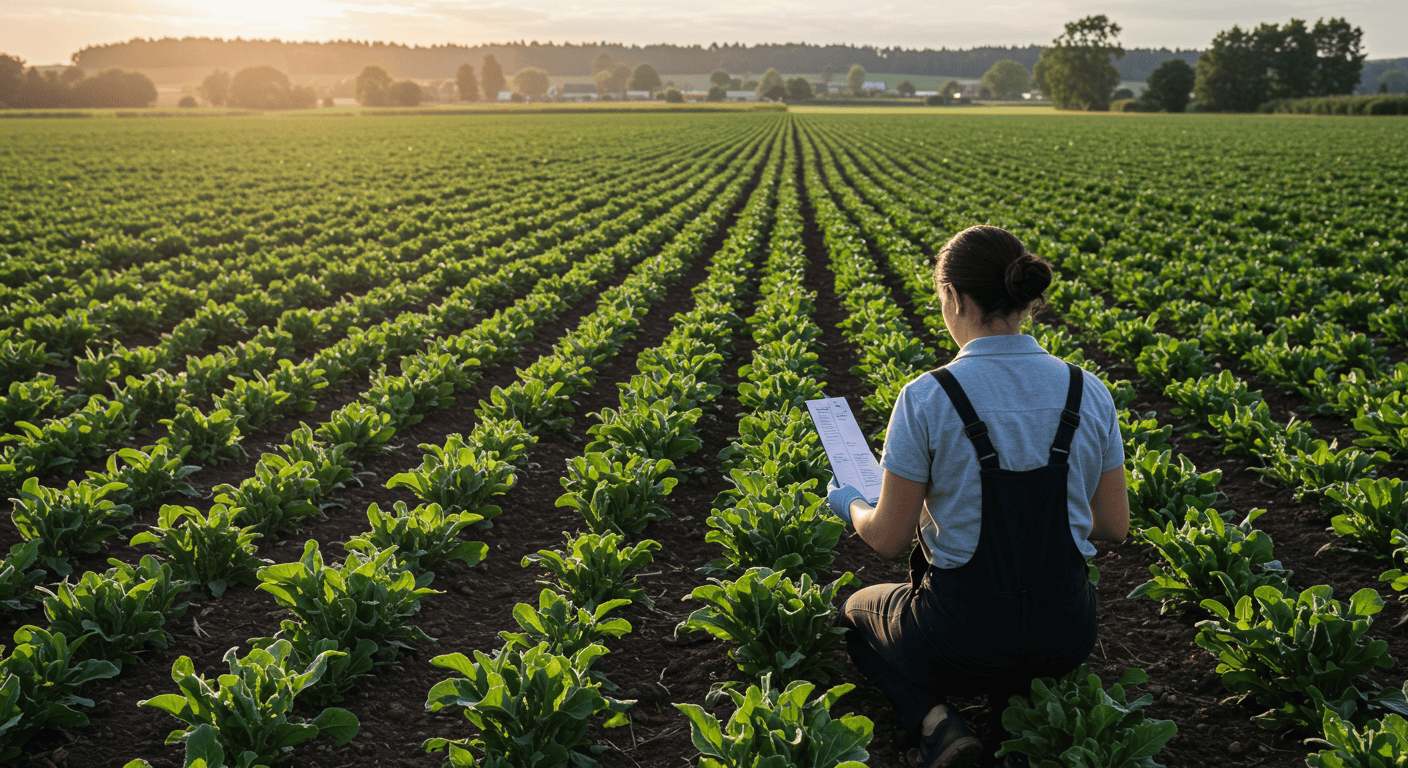 Personne inspectant un champ de légumes au coucher du soleil.