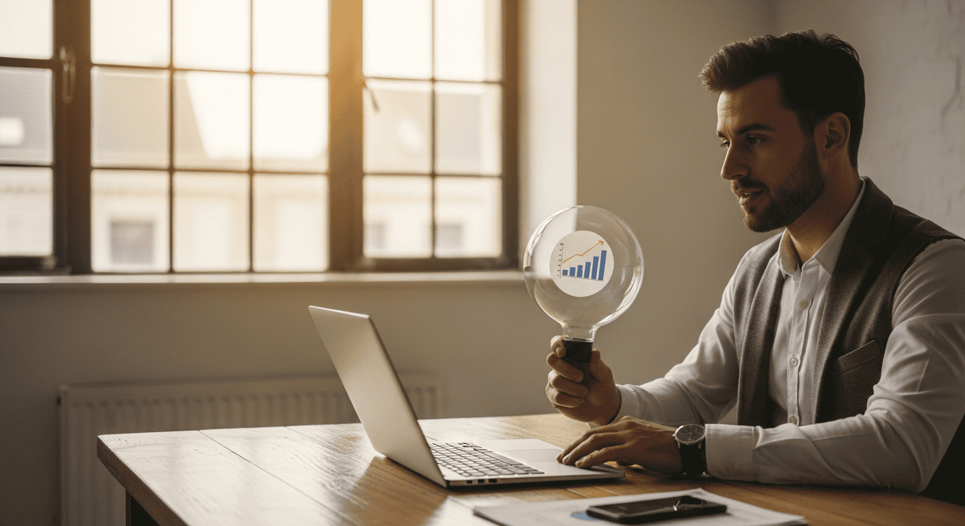 Homme avec ampoule graphique, travaille sur ordinateur.