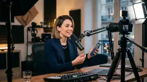 Animatrice enregistrant un podcast avec smartphone et micro