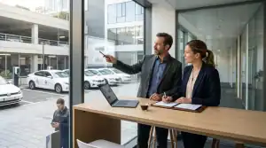 Professionnels analysant données près de voitures électriques