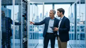Deux ingénieurs examinant des serveurs en datacenter