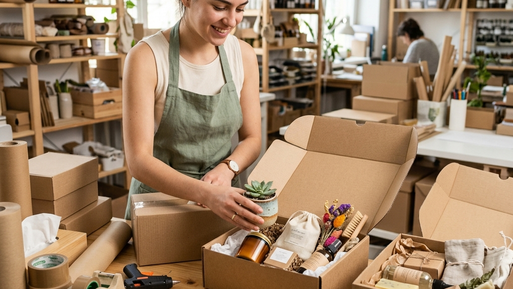 Artisane préparant coffrets cadeaux écoresponsables en atelier