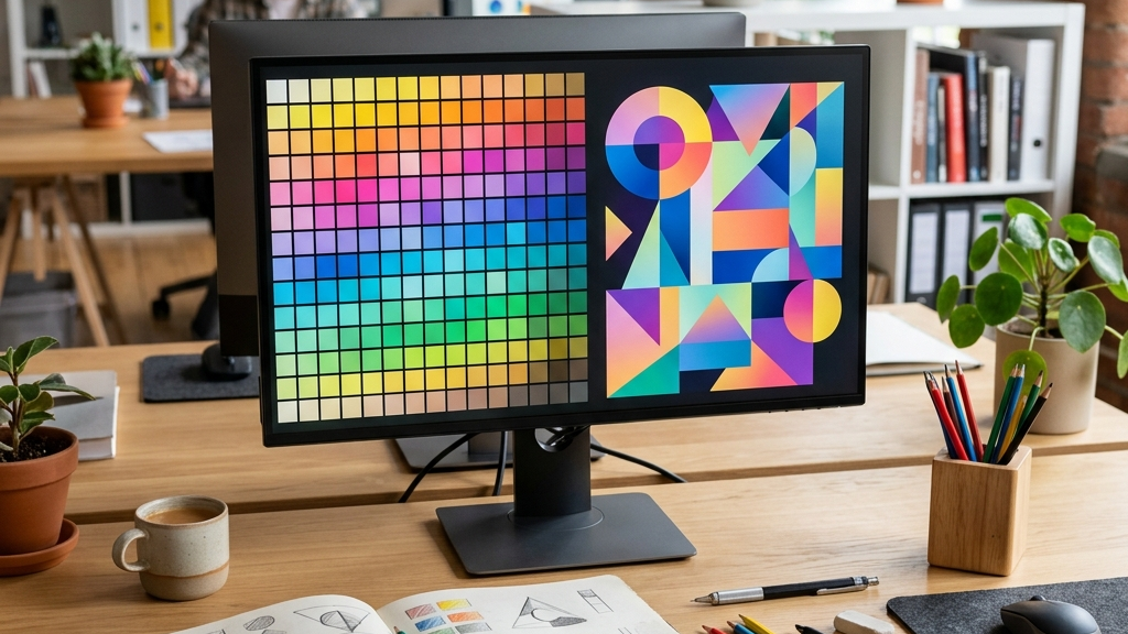 Écran affichant palette de couleurs et formes géométriques