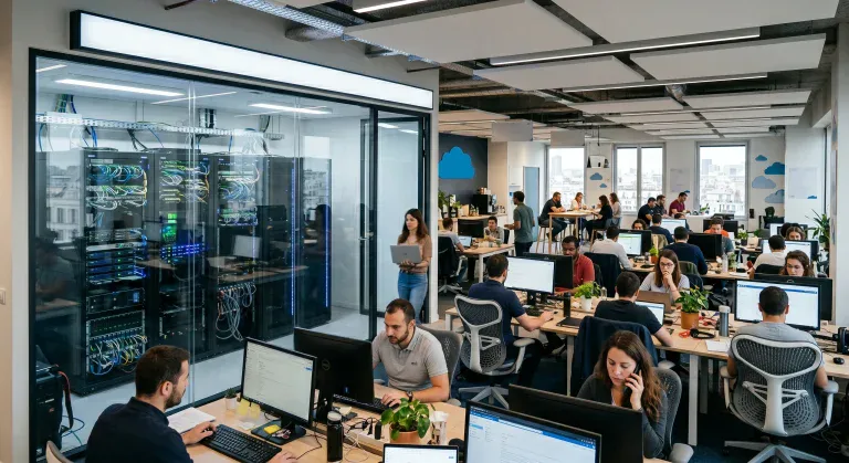 Bureau open space avec salle serveurs vitrée