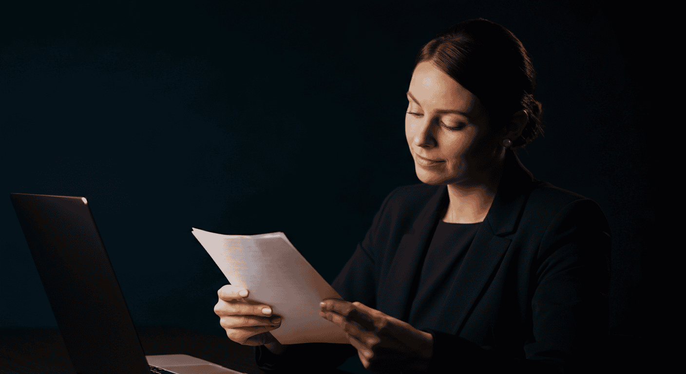Femme en tailleur lisant un document au bureau