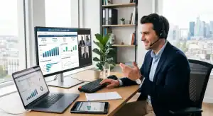 Homme en visioconférence analysant tableau de bord financier