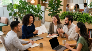 Réunion d’équipe collaborative dans un bureau moderne