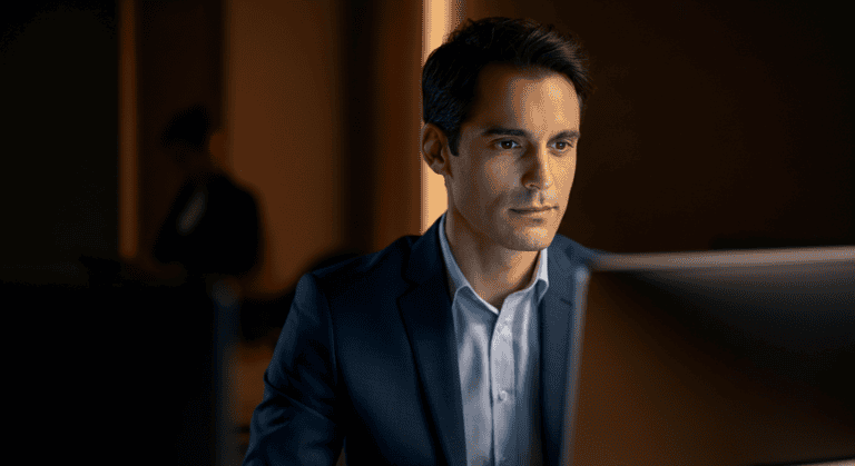 Homme en costume travaillant sur ordinateur au bureau