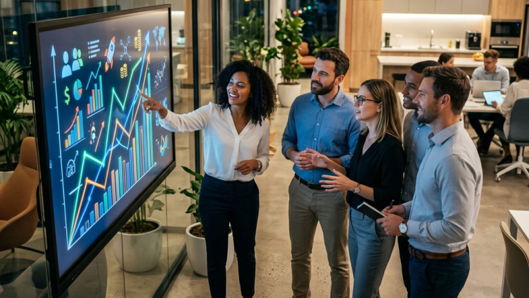 Équipe analysant graphiques sur écran numérique au bureau