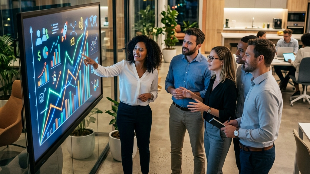 Équipe analysant graphiques sur écran numérique au bureau