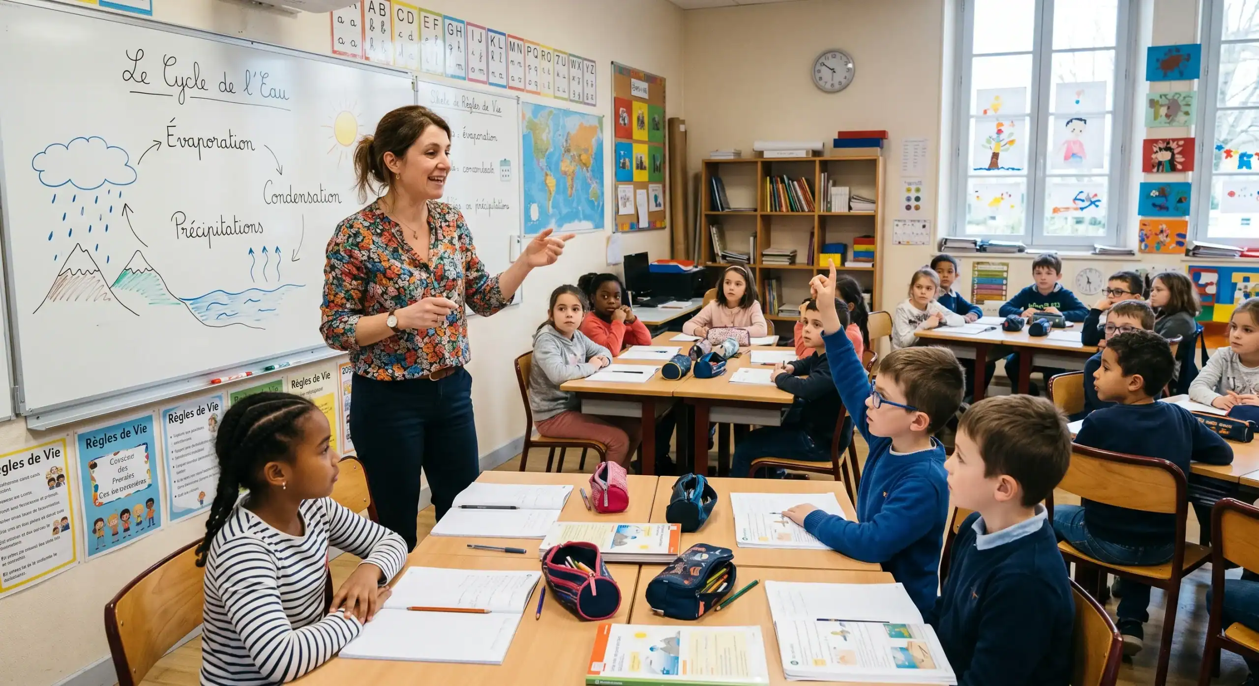 Enseignante expliquant le cycle de l’eau en classe