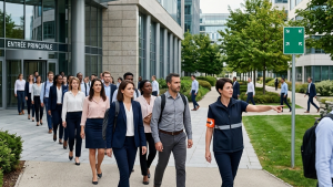 Évacuation d'employés devant un immeuble de bureaux