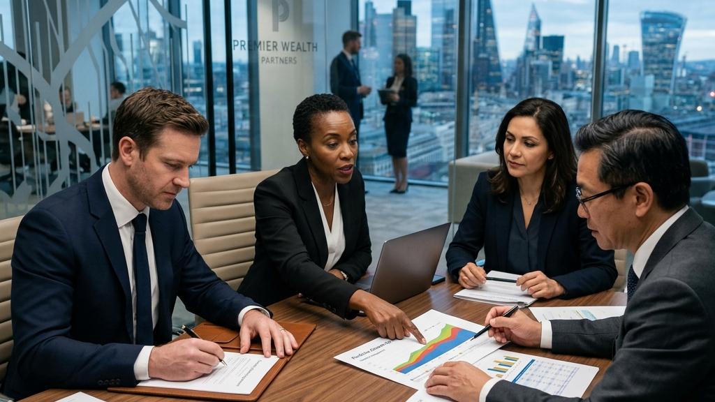 Réunion d'affaires autour de graphiques financiers