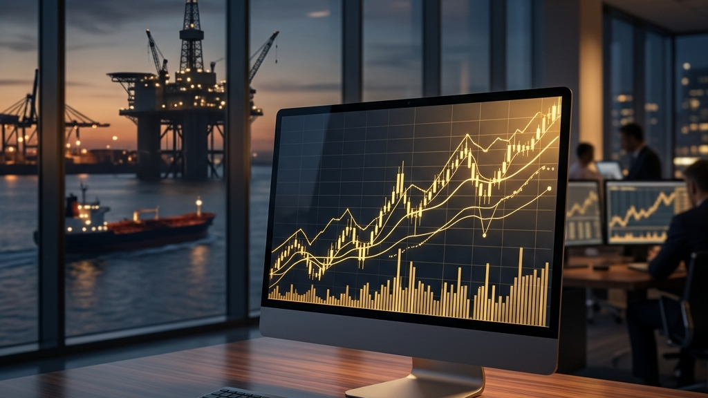 Graphique boursier sur écran devant plateforme pétrolière offshore