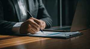 Professionnel analysant graphiques sur clipboard au bureau