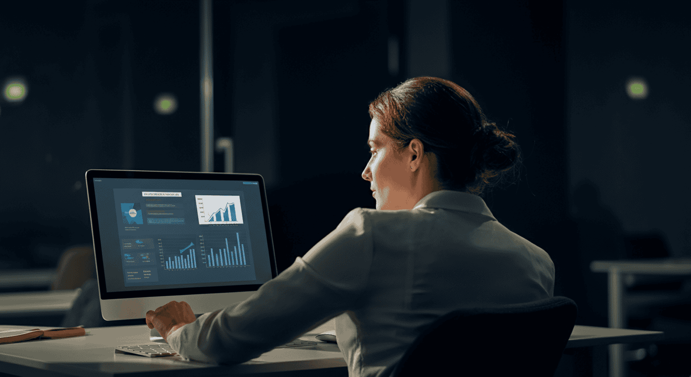 Femme analysant des graphiques sur ordinateur au bureau