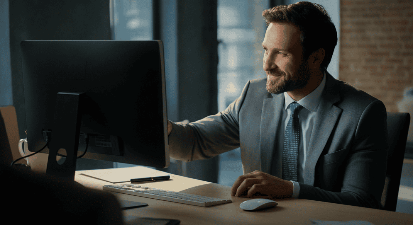 Homme en costume travaillant sur ordinateur au bureau
