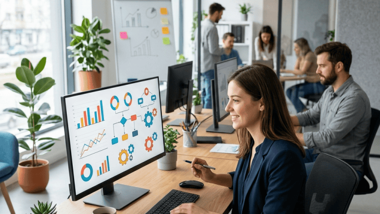 Équipe analysant des données sur ordinateurs au bureau
