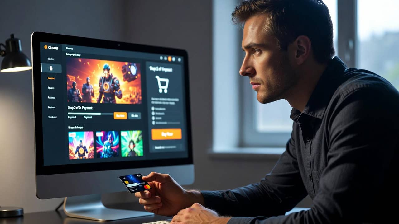 Homme achetant en ligne avec carte bancaire