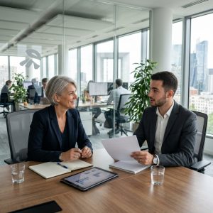 Réunion professionnelle dans un bureau moderne vitré