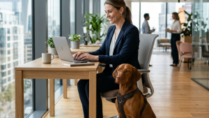 Femme travaillant sur ordinateur avec chien au bureau