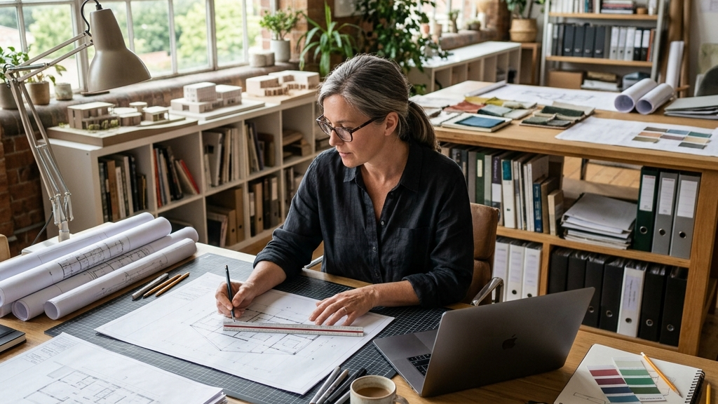 Architecte dessinant des plans dans un bureau lumineux