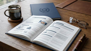 Rapport professionnel ouvert sur bureau en bois