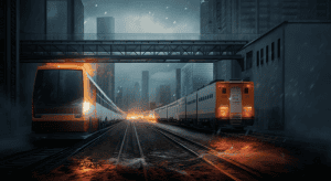 Trains modernes sous pluie en ville nocturne