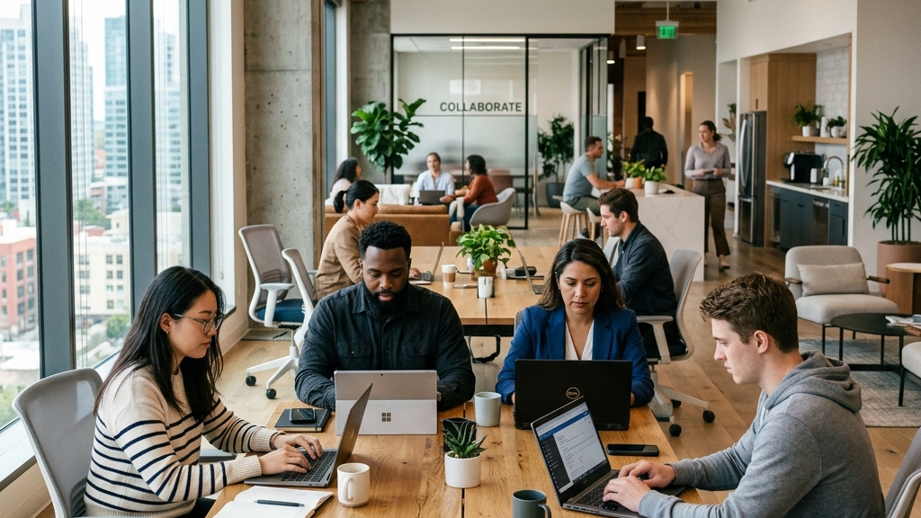 Équipe travaillant dans un bureau moderne collaboratif