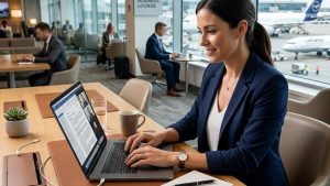 Femme travaillant sur ordinateur en salon d’aéroport
