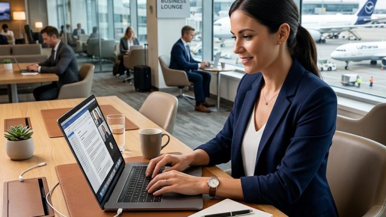 Femme travaillant sur ordinateur en salon d’aéroport