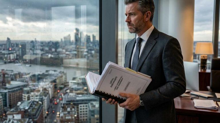 Homme d'affaires tenant des documents juridiques en bureau