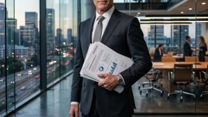 Homme d'affaires tenant des rapports en bureau moderne