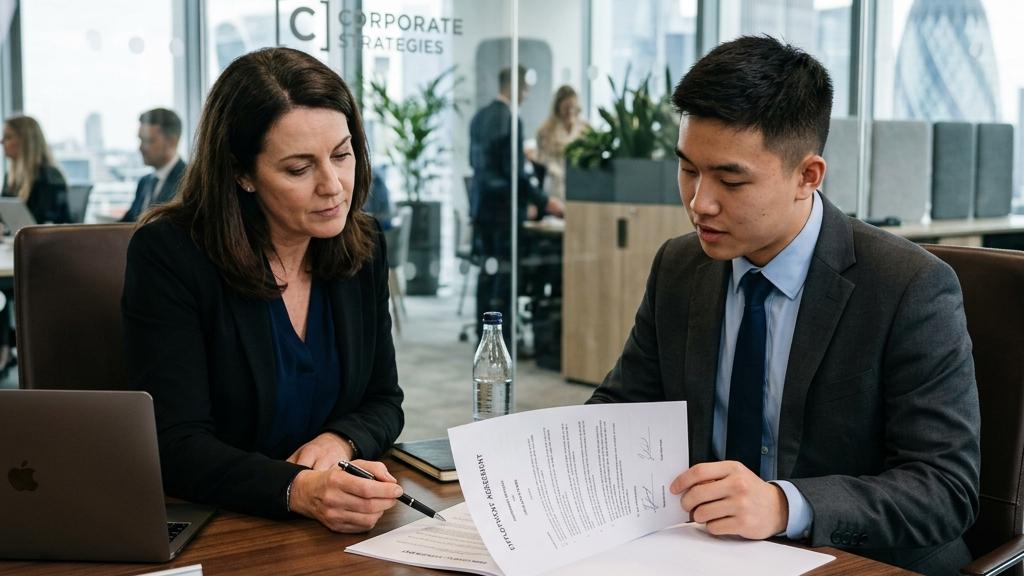 Deux professionnels examinant un contrat au bureau