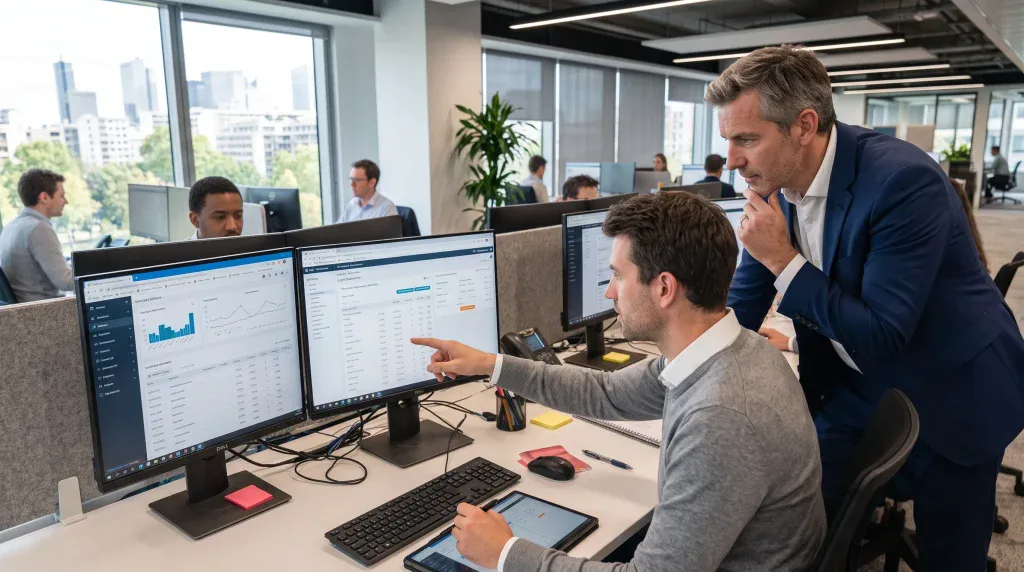 Collègues analysant des tableaux de bord financiers au bureau