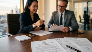 Deux professionnels examinant des documents au bureau