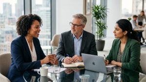 Réunion professionnelle autour d’une table en bureau moderne