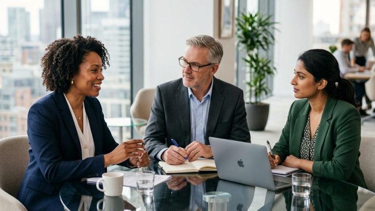Réunion professionnelle autour d’une table en bureau moderne