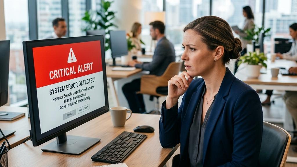 Femme au bureau face à une alerte critique