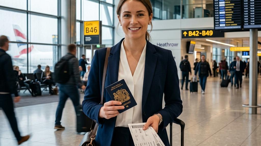 Femme souriante à l’aéroport avec passeport
