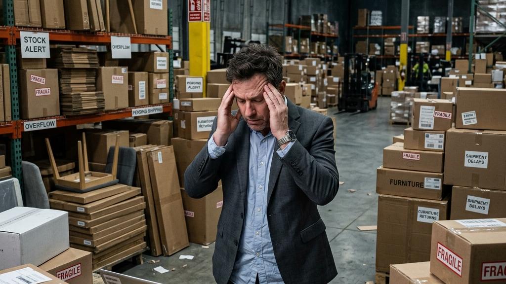 Homme stressé dans un entrepôt rempli de cartons