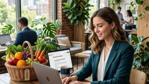 Femme travaillant sur ordinateur avec panier de fruits