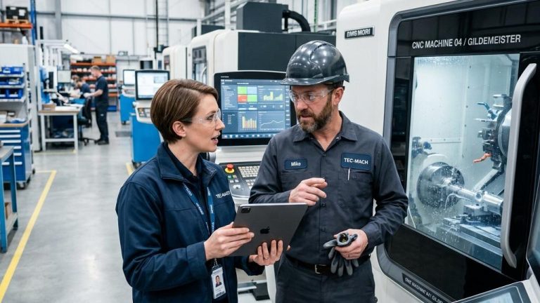 Techniciens discutant devant une machine CNC industrielle