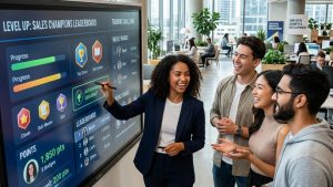 Équipe regardant tableau de performance commerciale numérique