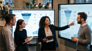 Réunion d’équipe analysant un tableau de bord marketing